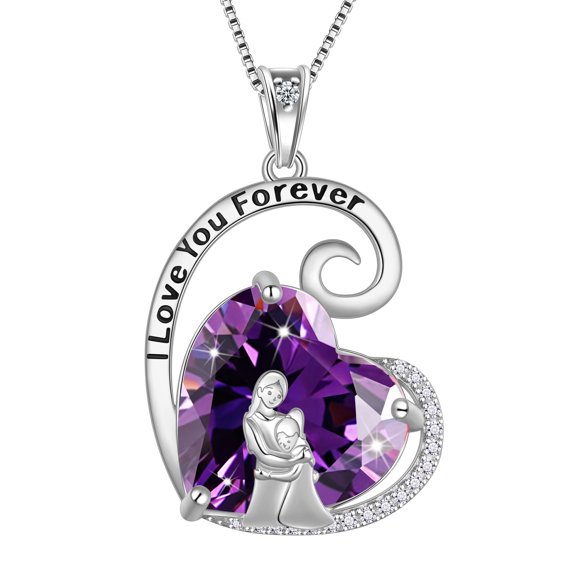 Juwaliy Mother Daughter Necklace 925 Sterling Silver Purple Heart Amethyst February Birthstone Pendant Jewelry Women Birthday Christmas Mother's Day Gift Idea