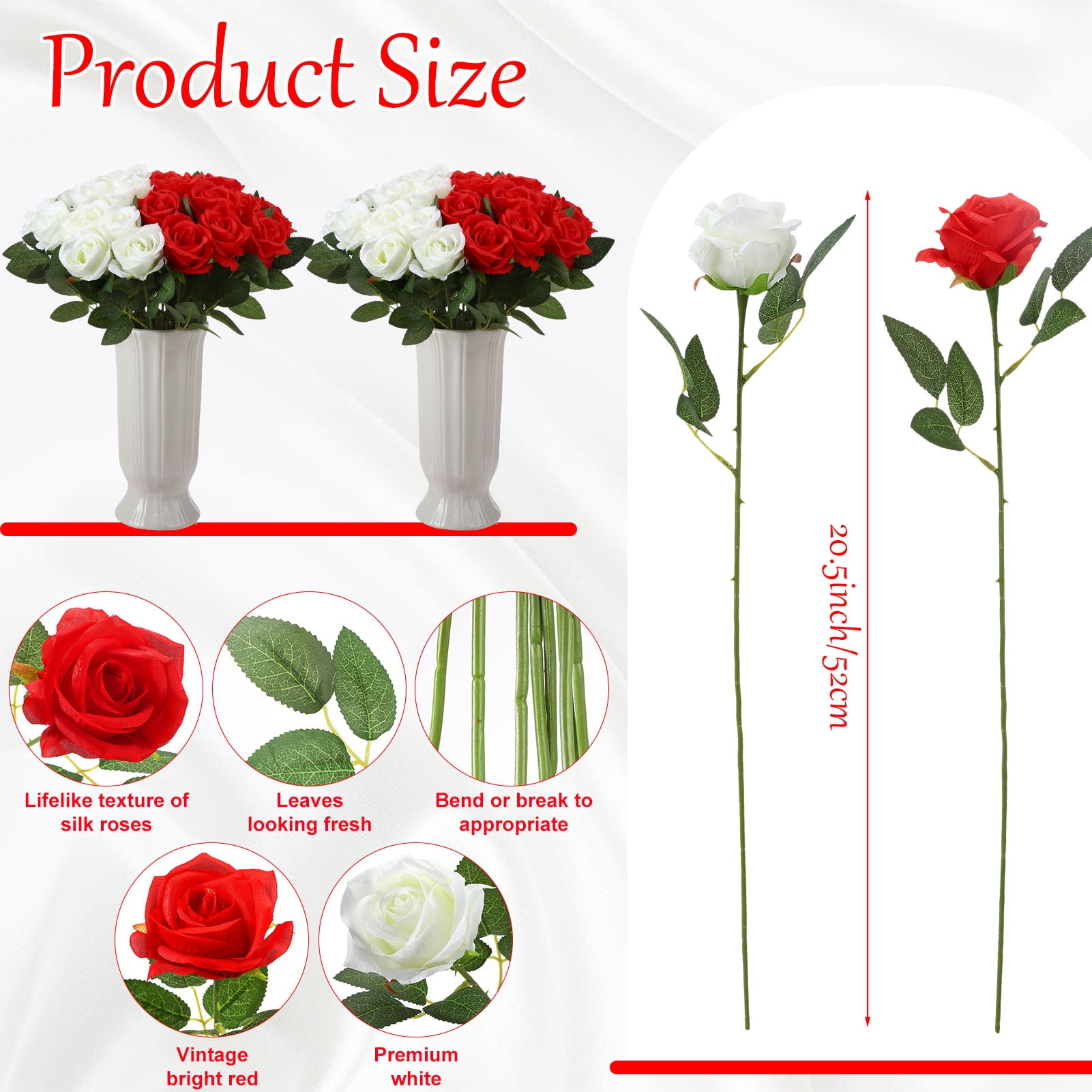 Armscye 80 Pcs 20.5" Artificial Silk Roses Bulk - Velvet Fake Flowers for Wedding Bouquet, Bridal Centerpiece, Mother's Day, DIY Home Decor (Red+White)