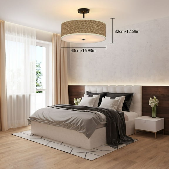 Modern 3-Light Flush Mount Ceiling Light Rattan Chandelier Bedroom Lamp Fixture 60W