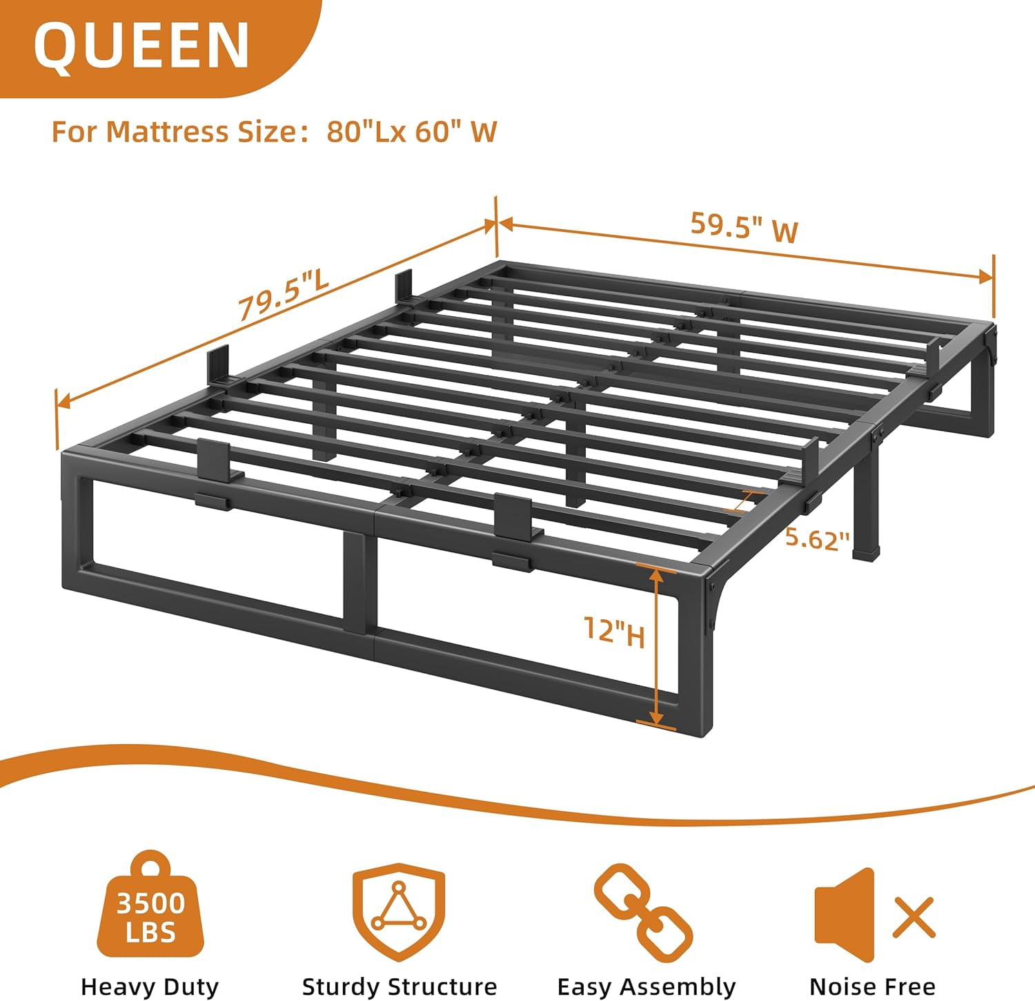12-Inch Queen Size Metal Platform Bed Frame with Squeak-Free U-Slot Design, 3500 lbs Capacity, Under Bed Storage, Black