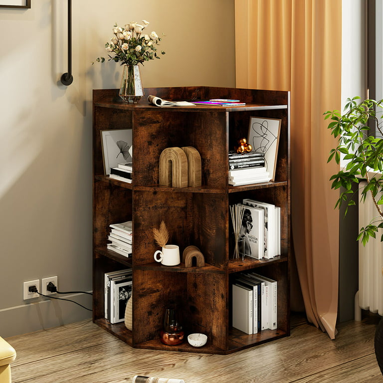 Corner Shelf Organizer with USB Port & Outlets, 9-Cubby Storage Bookcase  for Small Space Living Room, Bedroom,Rustic Brown