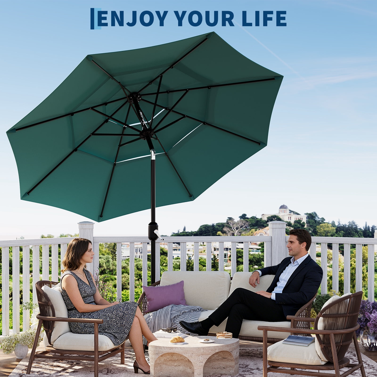 10FT 3-Tier Patio Market Umbrella with Vents – Outdoor Table Umbrella with Easy Crank, Push Button Tilt & 8 Sturdy Ribs for Pool, Deck, Yard, Garden-Blue
