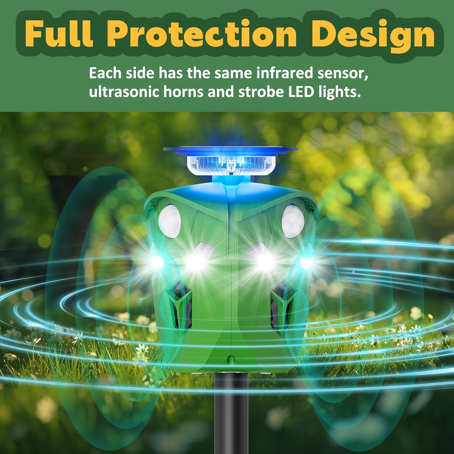 Ultrasonic Solar Powered Deer Repellent Device with PIR Motion Sensor and Strobe Lights 360° Cat Repellent Outdoor Equipped with Dual Charging Methods Outdoor Protection for Gardens, Yards, and Farms
