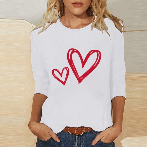 BLTIBY Womens Valentines Day Shirts Love Heart Print 3/4 Sleeve Crew Neck T-shirt Holiday Loose Casual Pullover Tops White 4 4XL