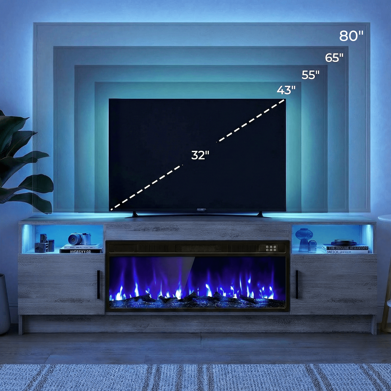 Flictozena 70" TV Stand with 36-Inch Electric Fireplace, Adjustable LED Lights & Storage | Fits TVs Up to 80 Inches | Modern Entertainment Center with Gray Doors
