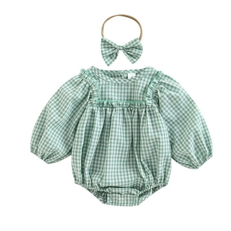 

Zlekejiko Toddler Girls Long Sleeve Plaid Prints Puff Tops With Headbands Outfits 2PCS Outfits Clothes Set