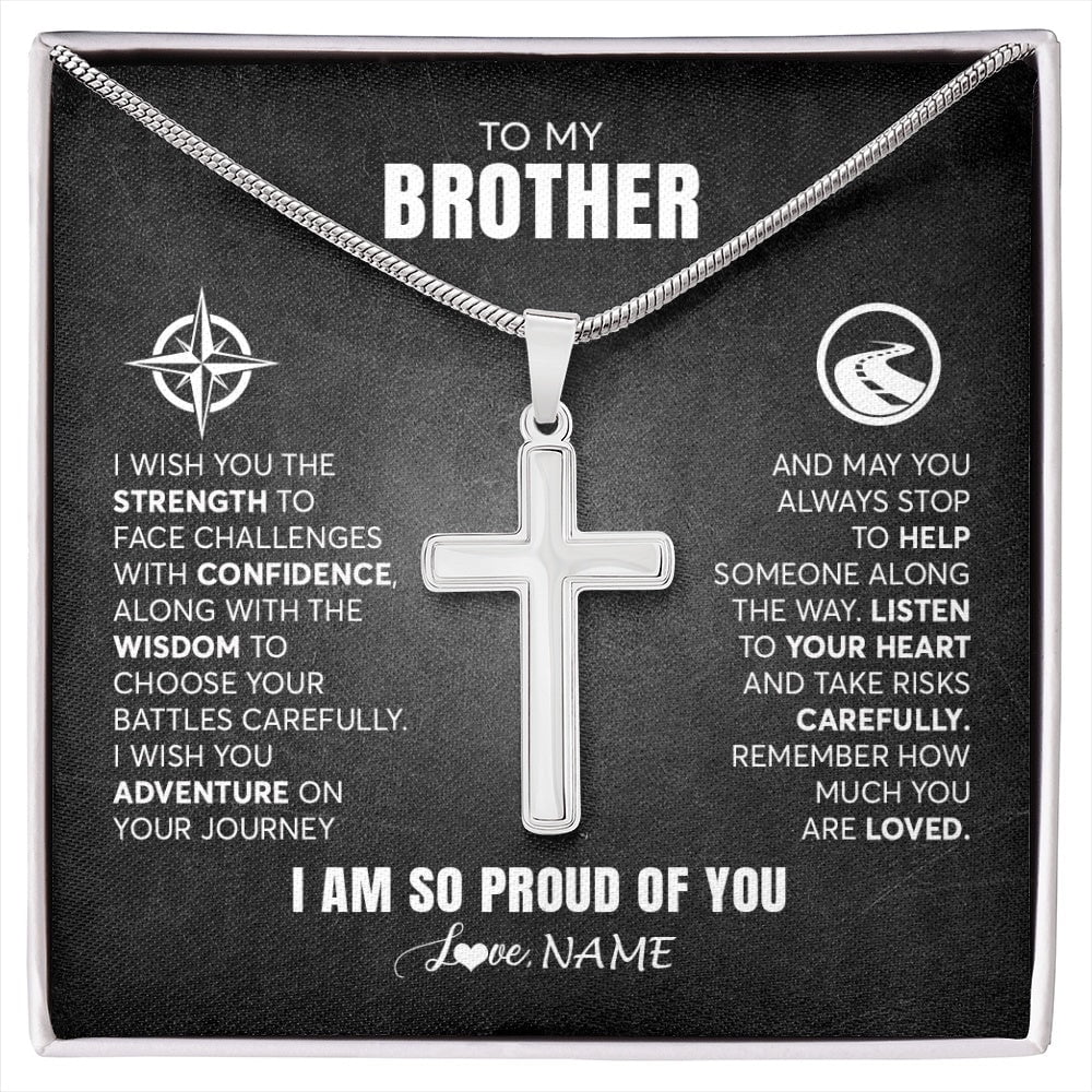 To My Brother From Sister I Wish You The Strength Brother Birthday Graduation Inspirational Box Message Card, Multi Cross Necklace
