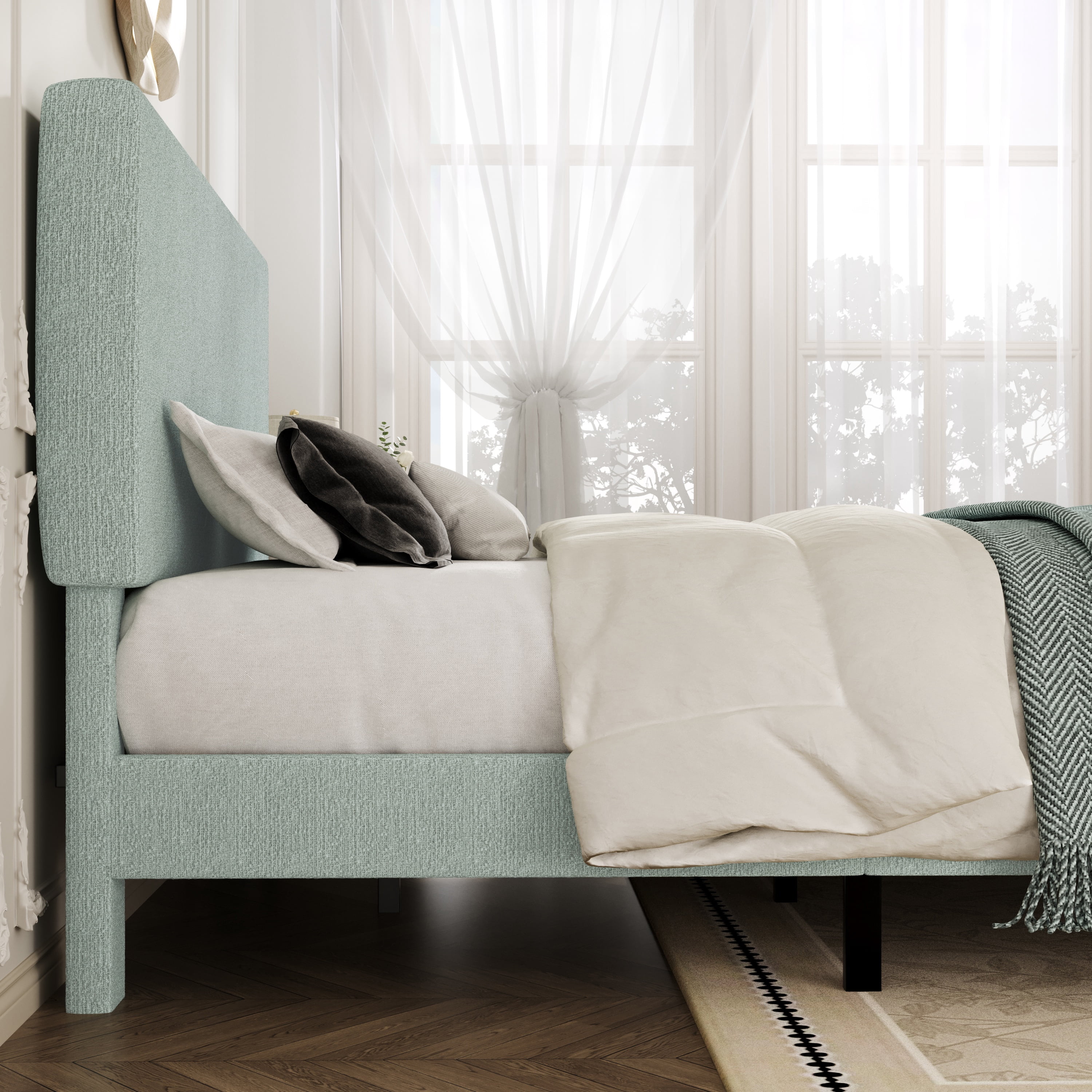 Amolife King Bed Frame, Platform Bed Frame with Upholstered Adjustable Headboard, Ice Blue, Nubby Fabric