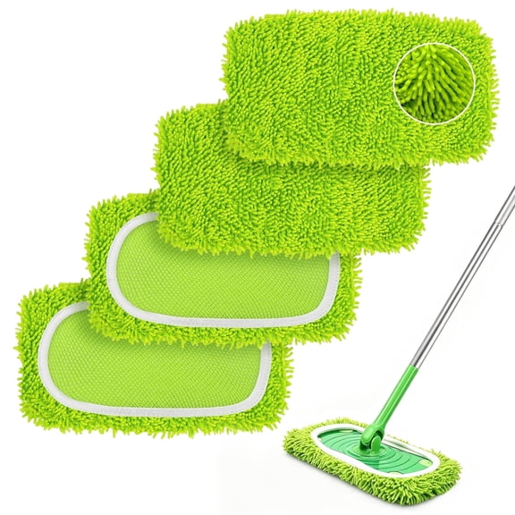 ZenClean Reusable Microfiber Mop Pads 4 Pack Compatible with SwifferSweeper Mop for Wet & Dry Floor Cleaning (Green)