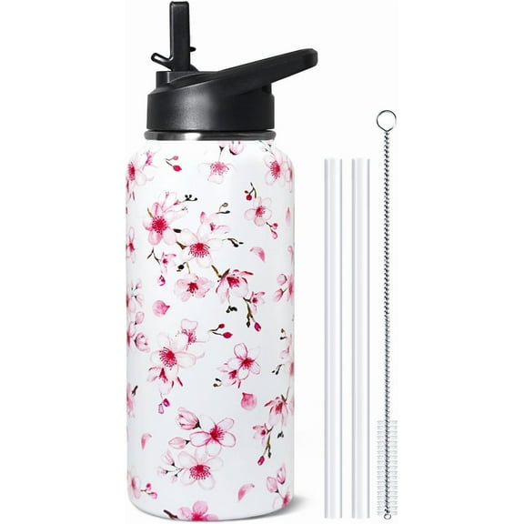 32oz Cherry Blossoms Flip Stainless Insulated Aater Water Bottle with Straw,Pink Cherry Blossoms Floral Gym Hiking Sports Coffee Mug Cup Water Bottles,Cherry Blossoms Decor Stuff Accessories