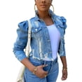 thumbnail image 5 of Sedceaty Women's Ripped Denim Jacket, Casual Long Puff Sleeve Button Down Cropped Jean Coats, 5 of 9