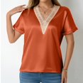 thumbnail image 2 of Women's V Neck Lace Trim Short Sleeve T Shirt Casual Vacation Top Blouse For Spring Summer With Elegant Lace Detail, 2 of 2