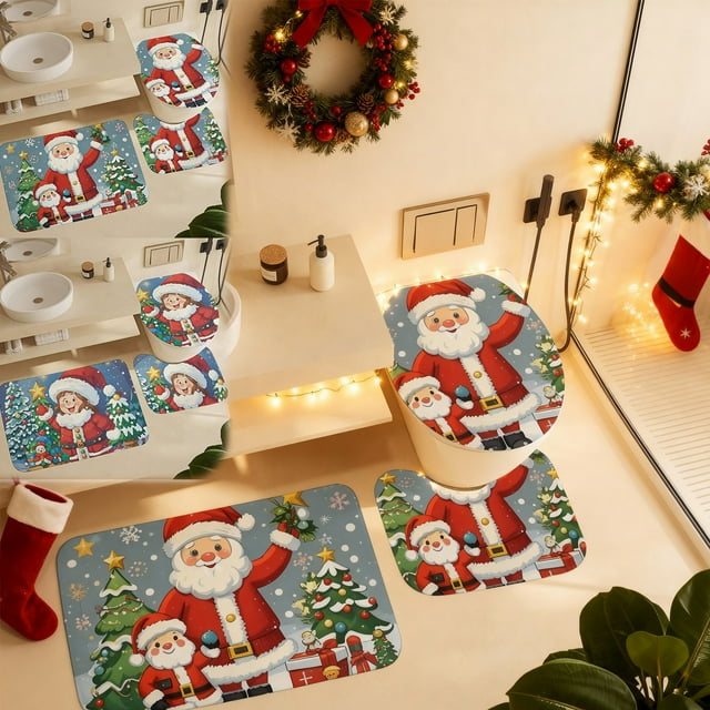 Juego de Alfombras de Baño con Diseño de Árbol de Navidad | 3 Piezas, Imitación Cachemir, Decoración Navideña | Alfombrillas Antideslizantes | Lavables | Multicolor | 50×60 Cm, 33×44 Cm, 40×60 Cm | 0