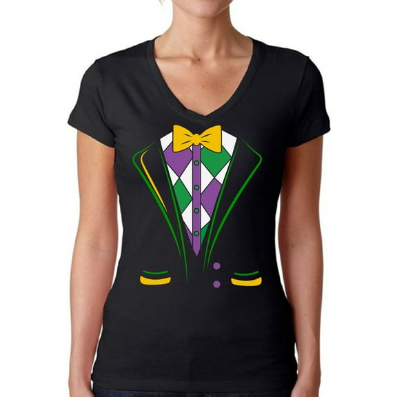 Mardi Gras Shirt for Women New Orleans Tuxedo Tee for Her Festival Celebration Novelty V-Neck Top