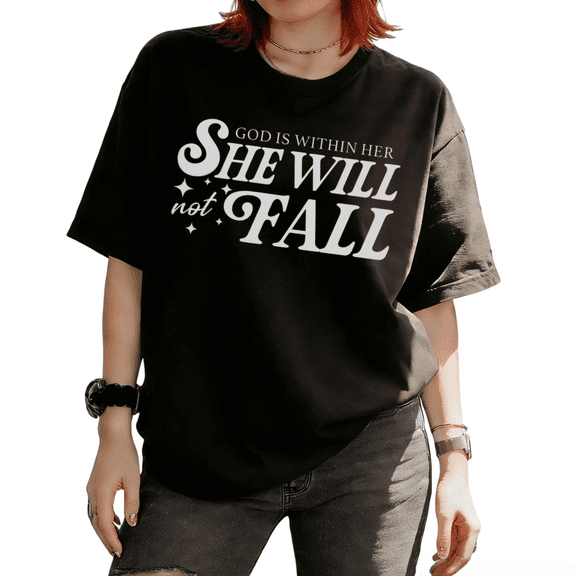 Cozymy Women's Retro God Is Within Her She Will Not Fall Religious Quote Graphic Short Sleeve T-Shirt Relaxed Trendy Tops