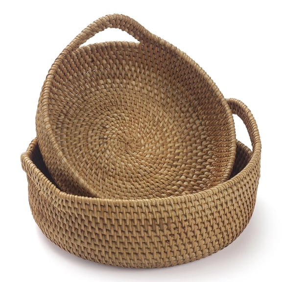 Rattan Storage Basket, Hand Woven Fruit Basket with Handles, Wicker Serving Basket, Bread Basket, Decorative Baskets for Organizing, Set of 2