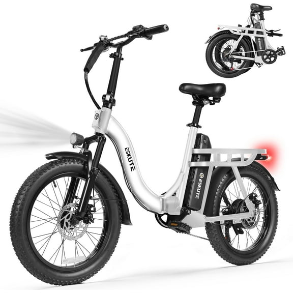 ESKUTE White Electric Bike for Adults – 1200W Peak Motor, Folding 20x3 Fat Tire E‑Bike, 500W Motor 48V 10.4Ah Battery, Step‑Through Cargo Fold Ebike, NFC Unlock, 19.5 MPH, 7‑Speed, Up to 55 Miles