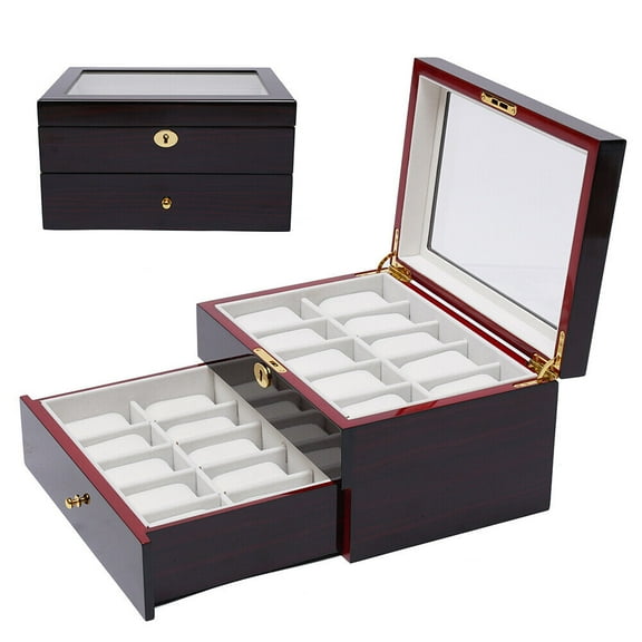 20 Slot Wood Watch Box Display Case Glass Top Jewelry Storage Organizer Box Lock
