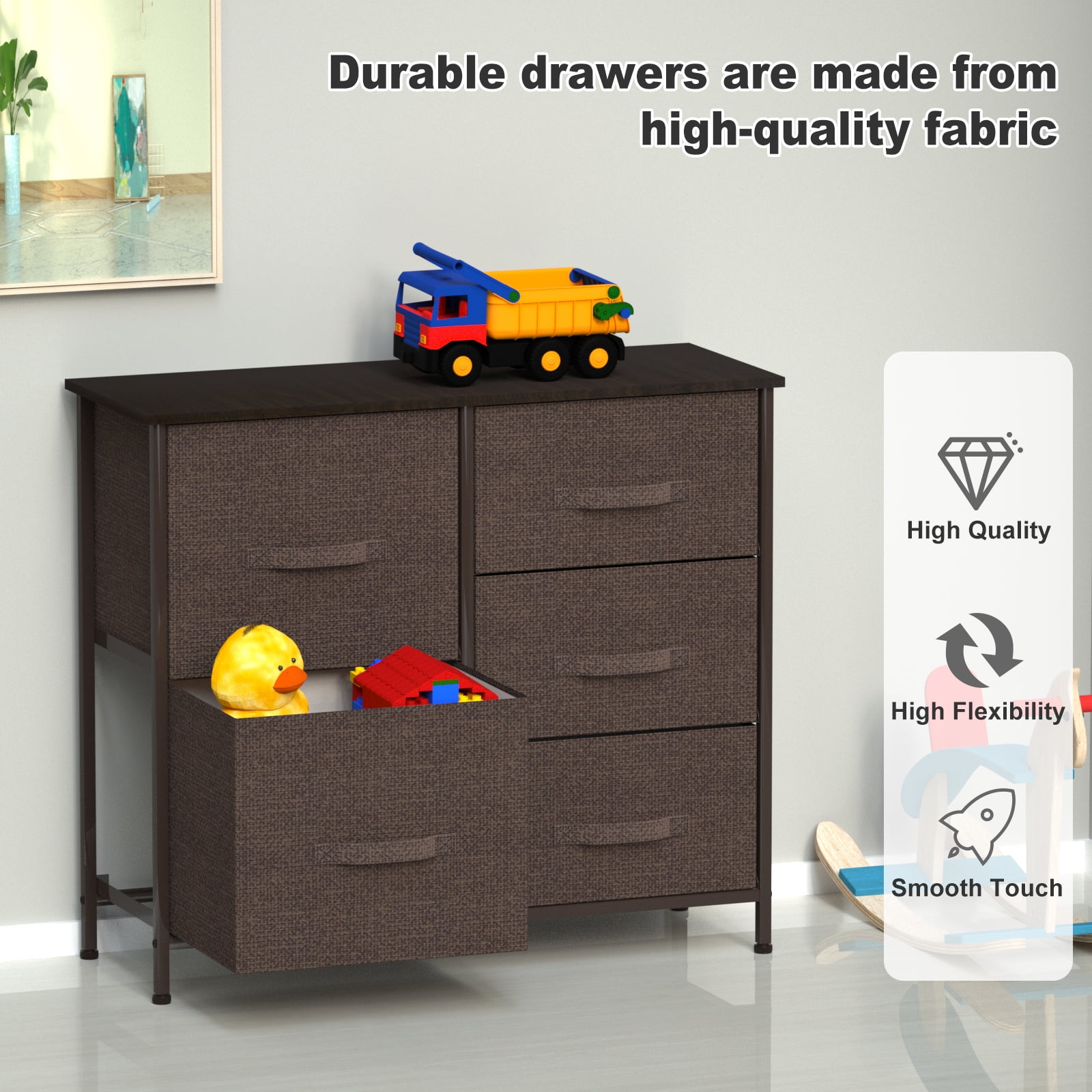 Dresser with 5 Drawers,Hengu Fabric Storage Tower, Organizer Unit for Bedroom, Living Room, Hallway, Closets & Nursery - Sturdy Steel Frame, Wooden Top & Easy Pull Fabric Bins,Brown