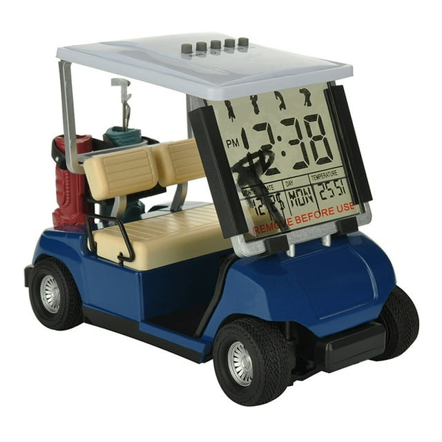Mini Golf Cart Shaped Clock with Calendar, Temperature Display, 3 s & Music Mode - Zinc Alloy Decorative Desk Clock for Home/Office, Birthday Reminder Function, Perfect Gift (Blue)