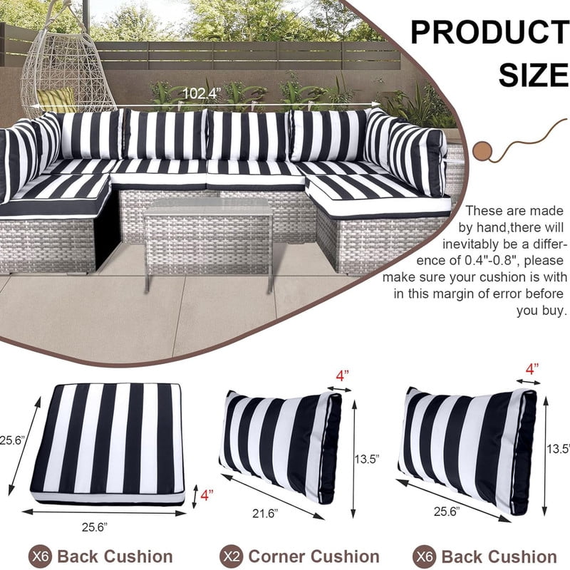 Outdoor Sectional Cushions, 6 Seat Patio Sectional Cushions, 4" Foam High-Density, Water-Resistant Patio Sofa Cushions Replacement Set（Black white）