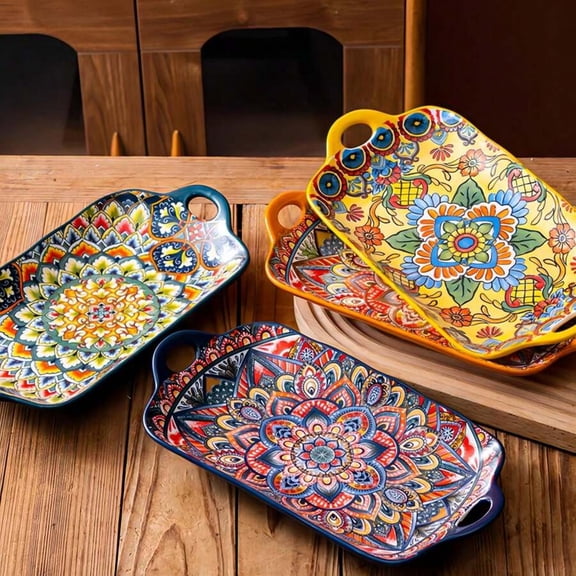 4-Piece Large Bohemian Ceramic Fish Plates - Durable, Easy-Clean, Space-Saving for Home, Kitchen & Restauranturant, Durable & Easy To Clean, Space Saving Design