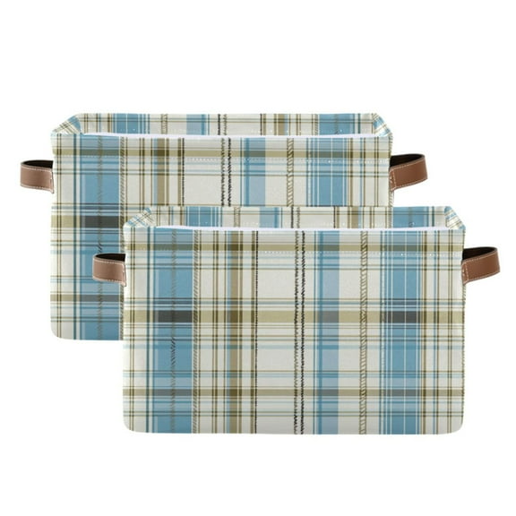 Light Blue and Brown Tartan Foldable Storage Basket,Canvas Fabric Foldable Storage Bins with Handles Open Home Storage Bins Boxes for Toy Book Shelf Closet Baskets