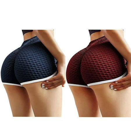 LEEYNEER RHWHOGLL High Waisted Yoga Shorts for Women Workout Shorts High Waist Butt Lifting Sports Leggings Hot Pants Running Shorts Wrinkled Hip Stretch Biker Shorts - 2 Packs Black