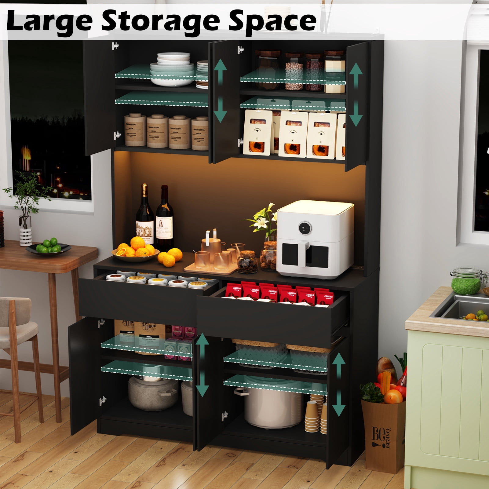 71" Tall Kitchen Pantry with LED Light & Charging Station, 8 Door Kitchen Cupboard with Large Storage and Microwave Stand, Freestanding Hutch Cabinet for Dining Living Room