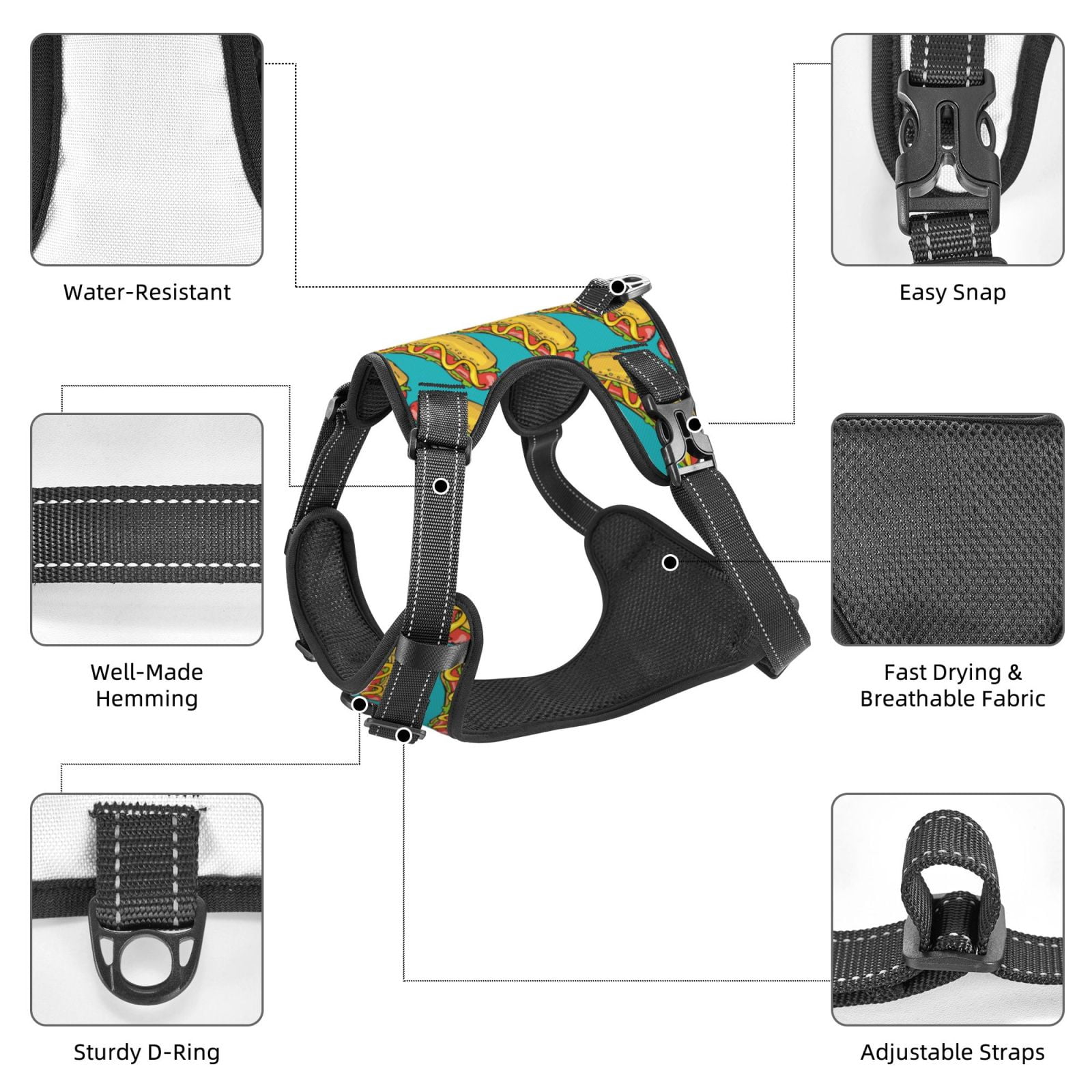 Fuzoiu Hot Dogs 8 Print Reflective Dog Harness,Adjustable, Breathable Pet Vest,Dog Harness No Pull,No Choke Pet Vest for Small, Medium, and Large Dogs-Small