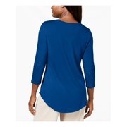JM COLLECTION Womens Blue 3/4 Sleeve Scoop Neck Top S