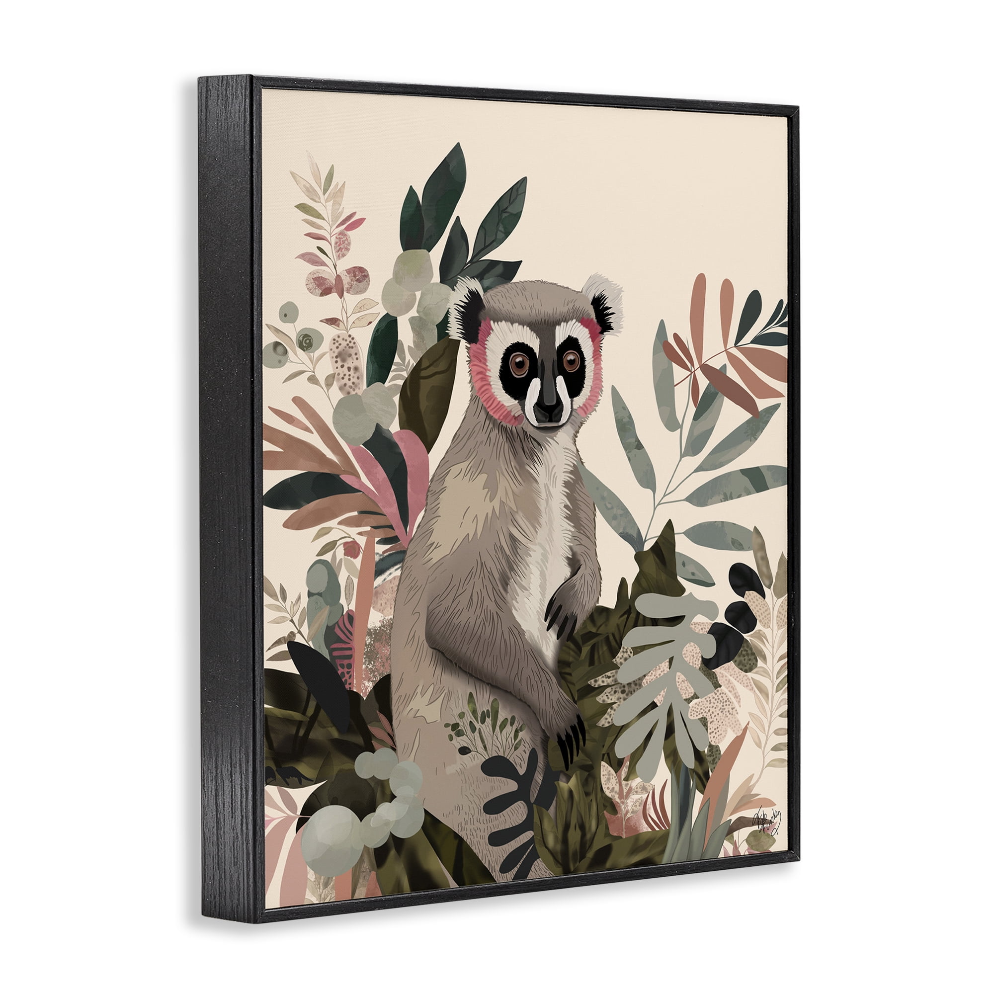 Stupell Industries Lemur in Tropical Tree Animals & Insects Painting Black Framed Art Print Wall Art, 11 x 14