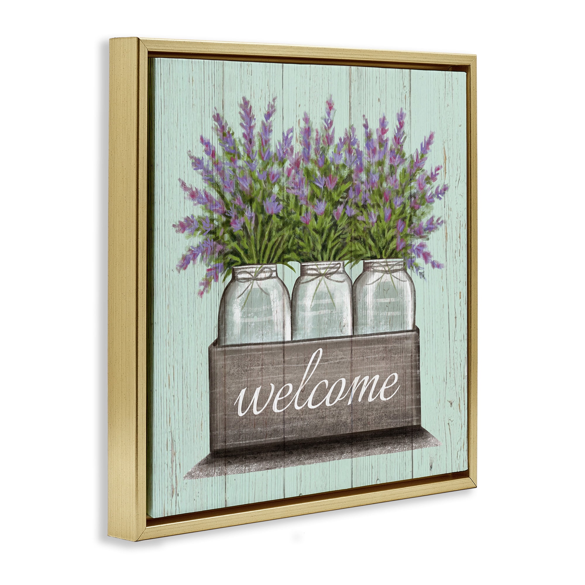 Stupell Industries Purple Lavender Florals in Jars Botanical & Floral Painting Gold Floater Framed Canvas Art Print Wall Art, 18 x 18