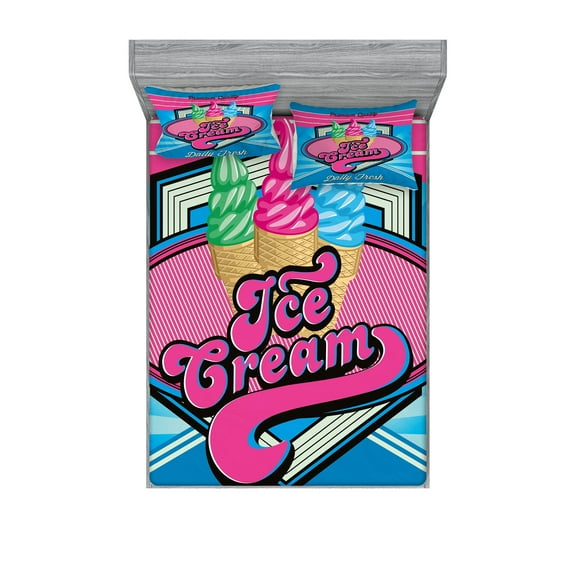 Ambesonne Vintage Fitted Sheet & Pillow Sham Set, Ice Cream Illustration, Queen, Blue and Hot Pink