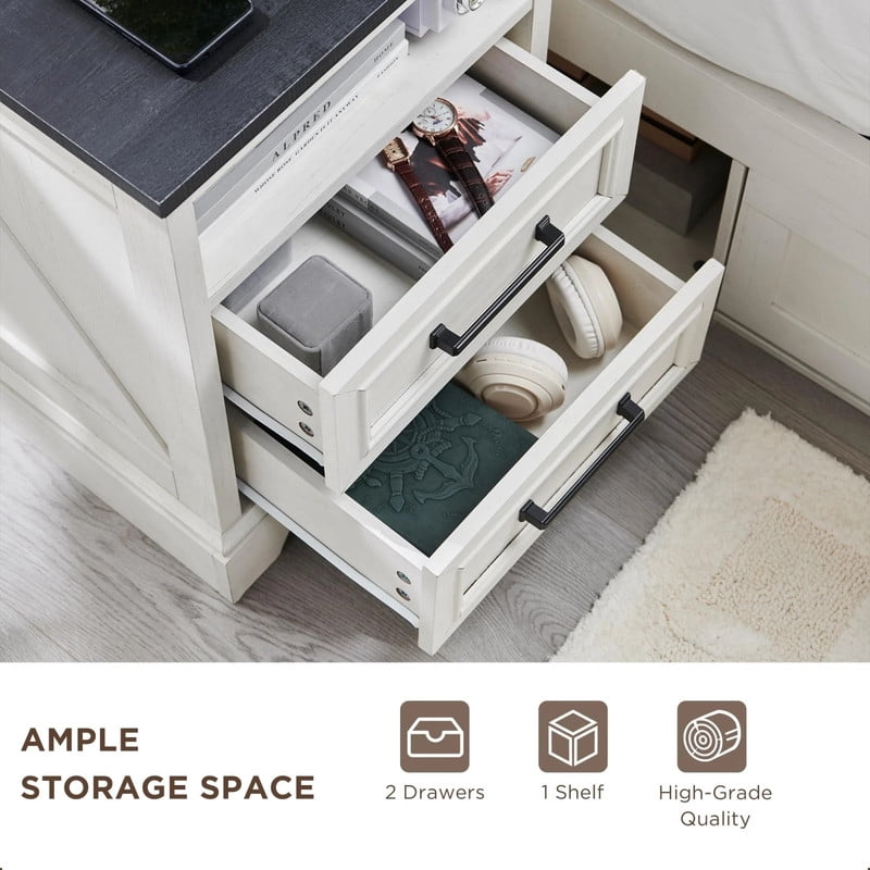 Kelno 18" Nightstand with Charging Station Farmhouse Wooden End Table with 2 Drawers USB TypeC Outlets，White