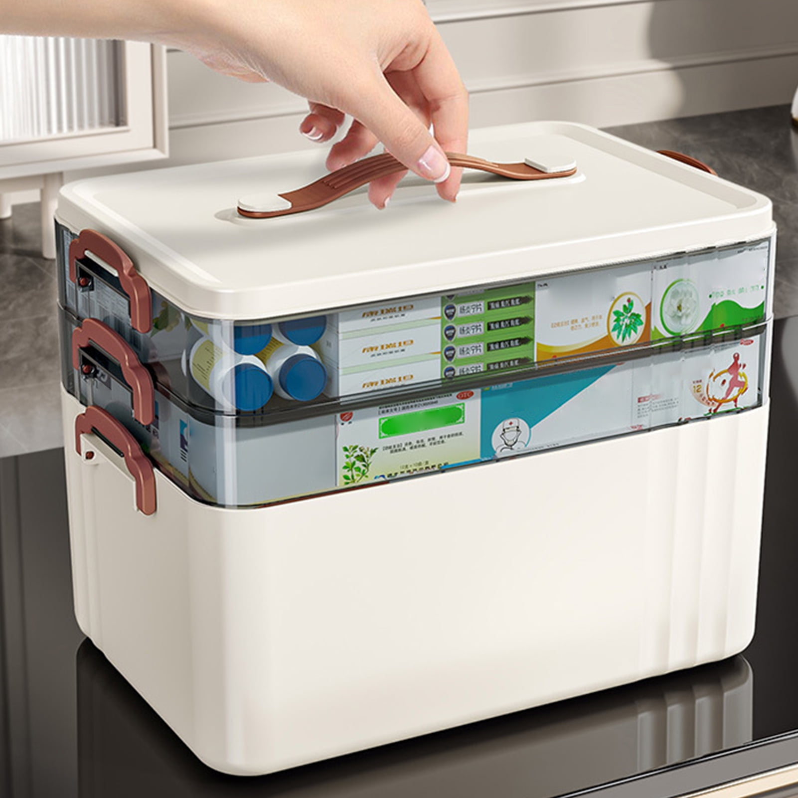 OIUR 3-Tier Medicine Box with Handle Large Capacity Multi-layer Design BPA Free Good Sealing Tablet Pill Organizer Medicine Case
