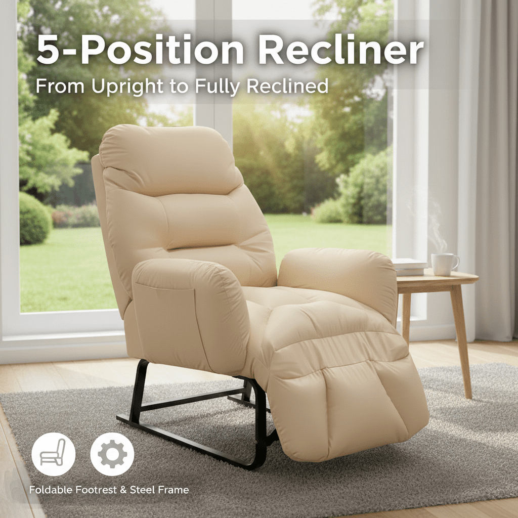 JUANYU Reclining Office Chair,5-Position Backrest Adjustment Desk Chair with Footrest,Ideal for Home or Office Use,Off White