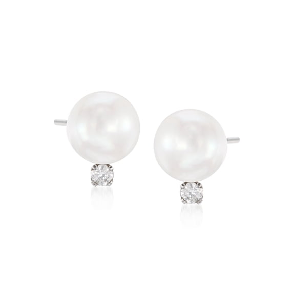 Ross-Simons 7-7.5mm Cultured Akoya Pearl and .10 ct. t.w. Diamond Earrings in 14kt White Gold, Women's, Adult