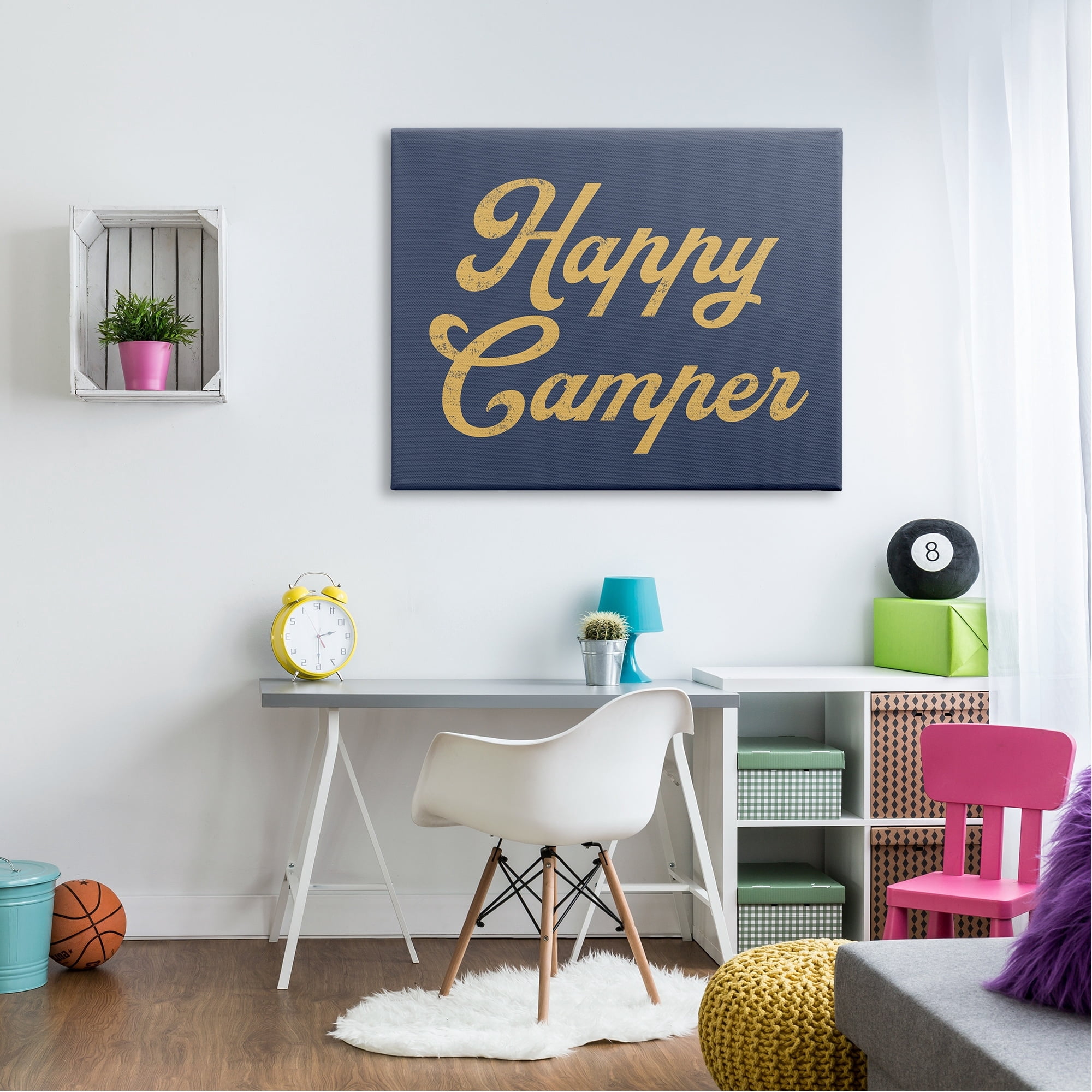 Stupell Industries Happy Camper Vintage Script Phrase Yellow Accent Canvas Wall Art, 48 x 36, Design by Lil' Rue