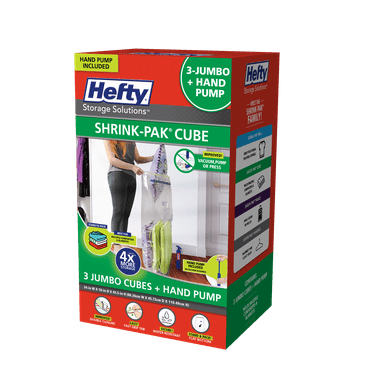 Hefty Shrink-Pak 3 Jumbo Vacuum Compression Storage Cubes with Hand Pump, Closet Organizer, Adults and Tweens