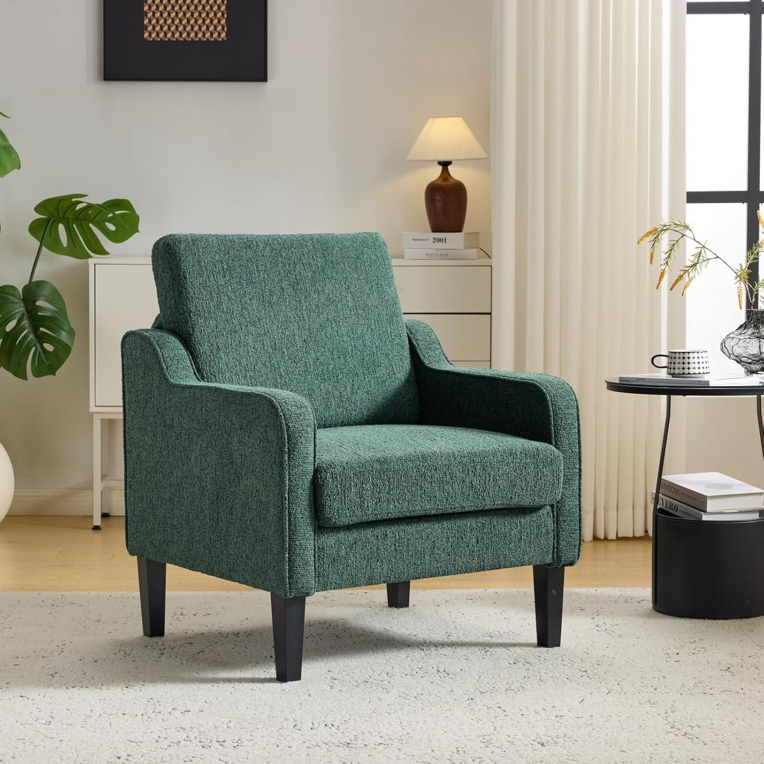 Matladin Chenille Fabric Accent Chair with Scooped Arms, Mid Century Modern Upholstered Armchair, Single Sofa for Living Room, Apartment, Office