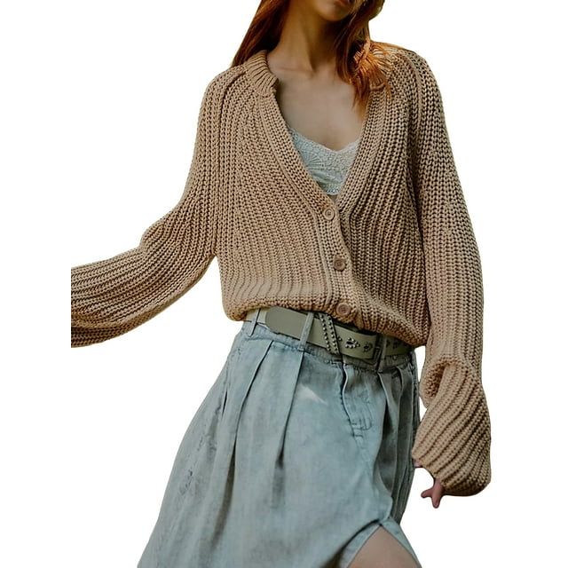 FAROOT Women Cropped Sweaters Casual Solid Color Knitted Button up Cardigans