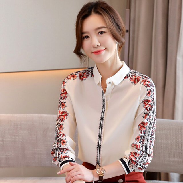 H Han Queen-Blusa de gasa con estampado Vintage para mujer, camisa informal de manga larga, elegante, Simple, coreana, nueva