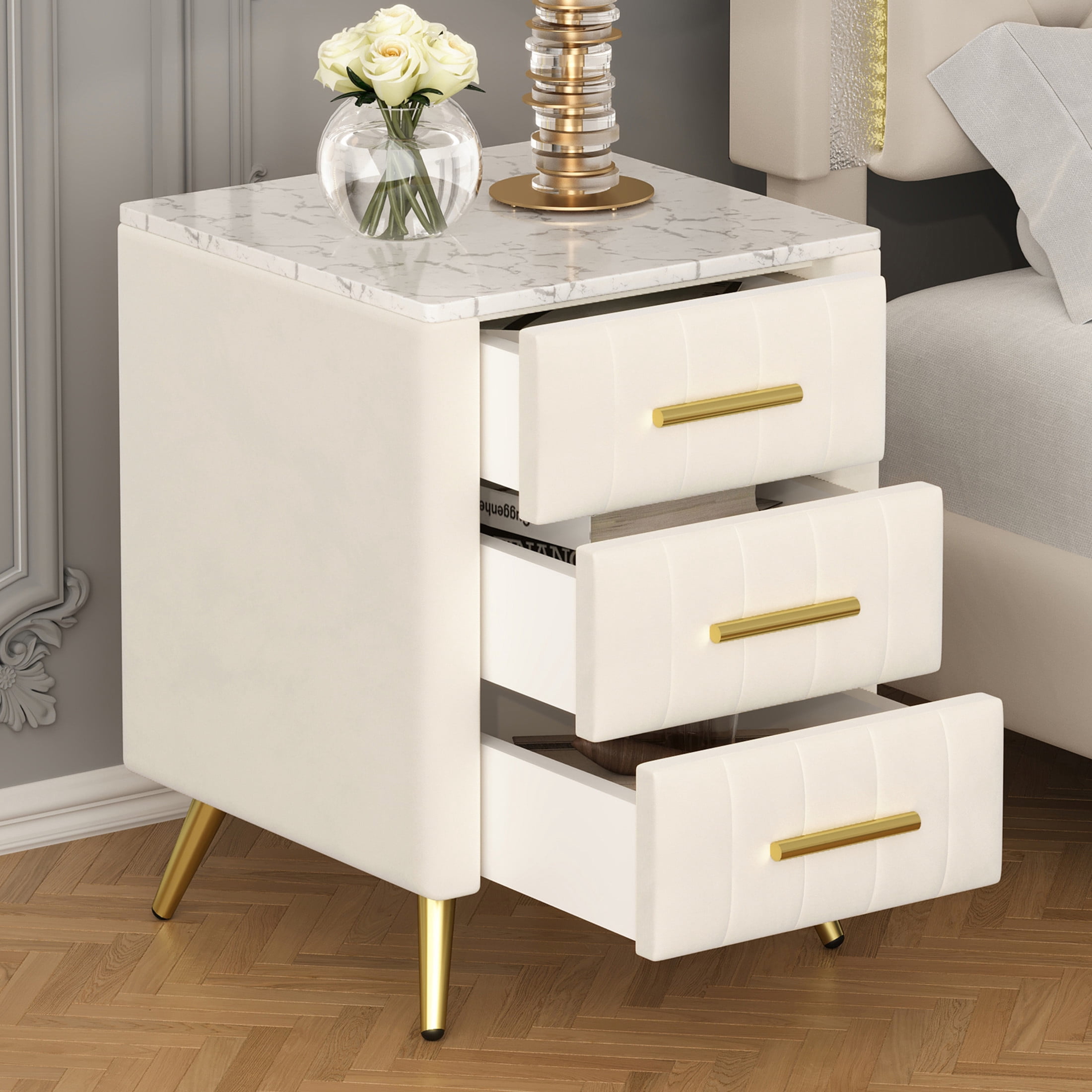 Noble House Upholstered Nightstand with 3 Drawers, Velvet Bedside Table with Metal Legs, Beige