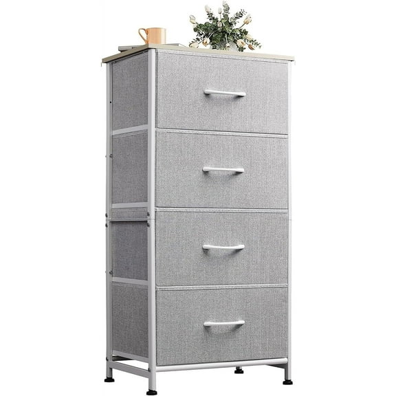 Dressing table with 4 drawers, fabric storage tower, bedroom, hallway, entryway, closet organization unit, sturdy steel frame, wooden top, easy pull handles