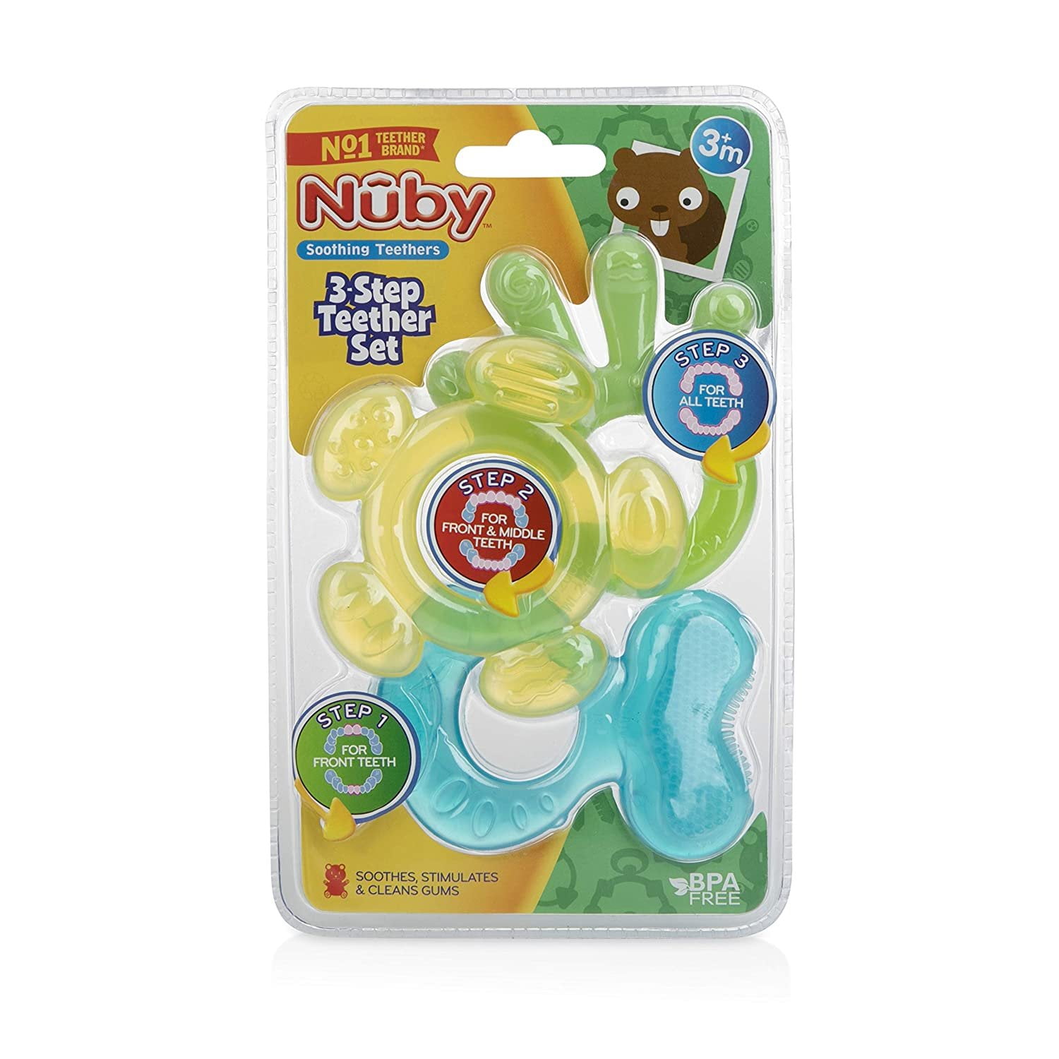 Nuby 3-Step Soothing Teether Set for Infants, Green/Blue