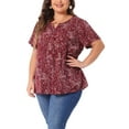 thumbnail image 5 of Agnes Orinda Women's Plus Size Peplum Tops Floral Half Placket Short Sleeves Casual Blouses 1X Burgundy, 5 of 7