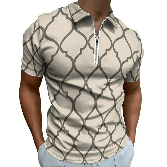 Flat Outline Moroccan Pattern Men Zipper T-shirt Summer Casual Short Sleeve T-shirt Top