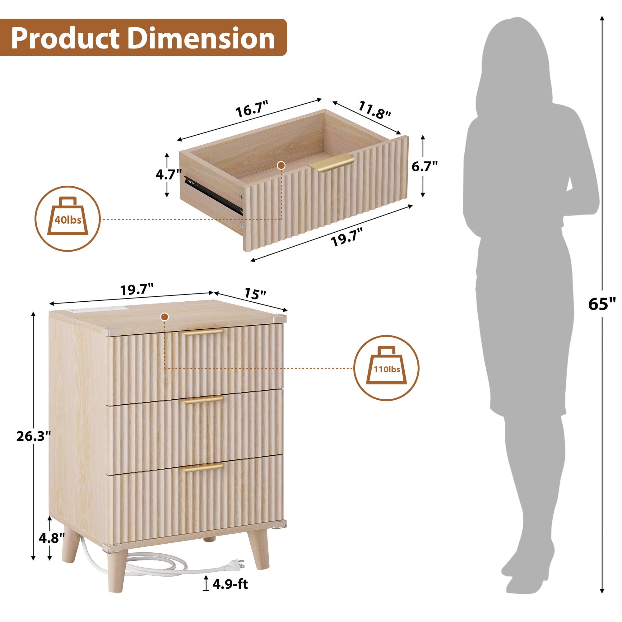 Laintene 3-Drawer Dresser for Bedroom, Nightstand with Charging Station - Modern Fluted with Solid Wood Legs, 2 AC Outlets & 2 USB Ports, Small End Table with Storage, Natural