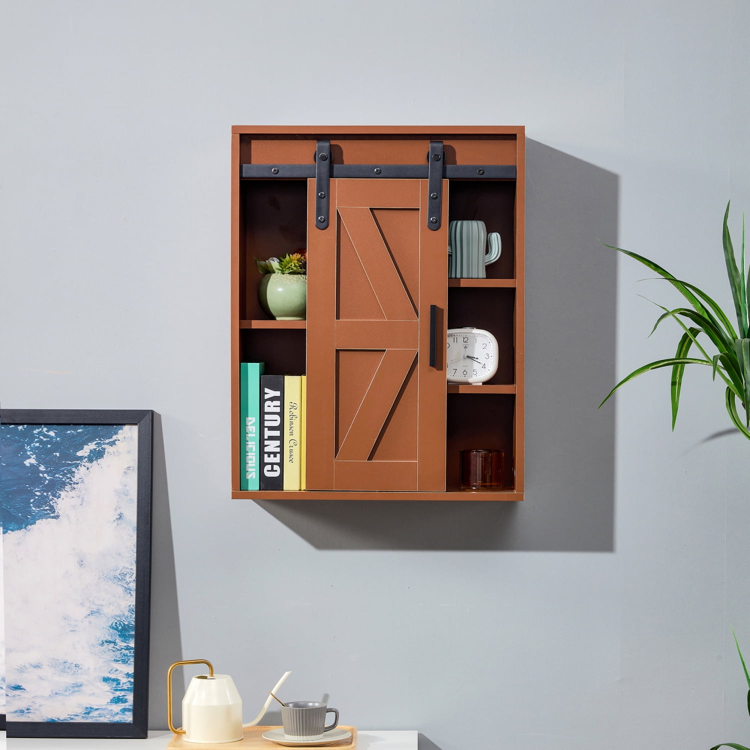 KUBEAUTY Chocolate brown wood wall-mounted storage cabinet with adjustable door  multifunctional 5-layer toilet bathroom storage cabinet.